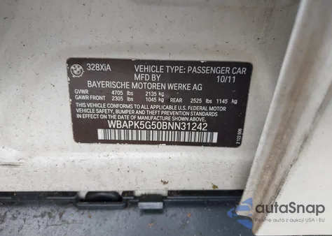 2011 BMW 328I xDrive from USA, damaged, VIN WBAPK5G50BNN31242